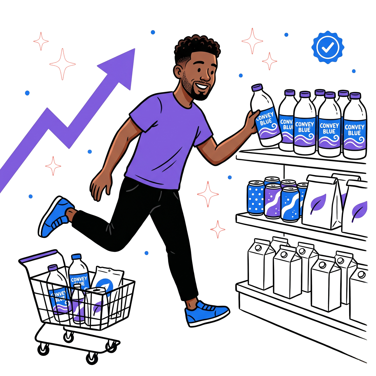 Customer at marketplace shelf reaching for brand bottle